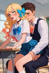 1boy actualtrashhuman ahe_gao ahe_gao ai ai_generated blonde_hair blonde_to_pink_hair blue_skirt blush choker classroom eyes_rolling_back female freckles french_braid gradient_hair hairbow implied_penetration implied_sex long_hair miniskirt multicolored_hair plaid_skirt pleasure_face pleated_skirt public_sex sailor_collar school_desk school_uniform schoolgirl serafuku sitti sitting_on_another sitting_on_chair sitting_on_lap sitting_on_person skirt straight two_tone_hair wavy_hair