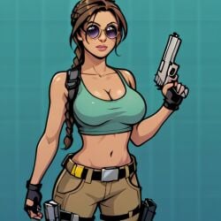 action_pose ai_generated cosplay glasses gun lara_croft shorts solo tank_top topless twintails weapon