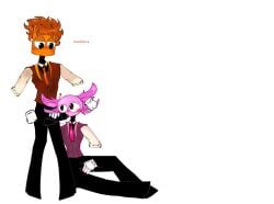 2boys anemone armless axolotl black_body blowjob blush gills hearts_around_head idkwhatimdoing looking_at_partner orange_hair orange_tie pink_head pink_tie rubbing_pussy saliva sam_the_sea_anemone stroking_penis sweat white_gloves