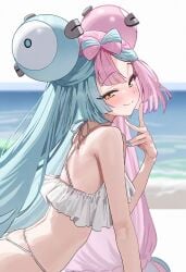 1girls ai_assisted bare_shoulders bare_stomach bare_torso beach beach_background flat_chest flat_chested frilled_swimsuit frills frilly iono_(pokemon) light_blue_hair light_blue_nail_polish light_blue_nails looking_at_viewer multicolored_hair no_sex owari_wan pink_hair pokemon pokemon_scarlet_and_violet side_view smile smiling_at_viewer sole_female solo solo_female solo_focus sweat sweatdrop swimsuit thin_arms two_tone_hair white_swimsuit