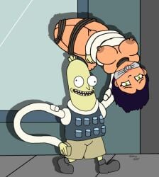 2017 accurate_art_style adult_swim alien_humanoid alien_male arm_around_waist artist_name bondage breasts dated female femsub first_porn_of_character gagged gagged_female kidnapping male mismatched_eyes naked_female nidrog nipples pussy rick_and_morty rope rope_around_waist shorts stealing stealy stretchy_arms tied_up