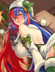 1girls absurdres alear_(female)_(fire_emblem) alear_(female)_(gifted_dragons)_(fire_emblem) alear_(fire_emblem) alternate_breast_size alternate_costume ass blue_eyes blue_hair breasts crossed_bangs female female_only fire_emblem fire_emblem_engage fire_emblem_heroes fur-trimmed_headwear fur_trim hair_between_eyes hat heterochromia highres large_ass large_breasts long_hair looking_at_viewer multicolored_hair nintendo official_alternate_costume red_eyes red_hair revolverwingstudios split-color_hair two-tone_hair very_long_hair w