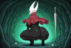 ai_generated ass back_view big_ass big_breasts black_body breasts bubble_butt curvy despeto female high_heels hollow_knight hollow_knight:_silksong hornet_(hollow_knight) insects nude red_coat solo solo_female twerk twerking