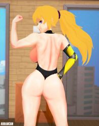 1girls 3d arrancon ass ass_focus blonde_female blonde_hair flexing flexing_bicep leotard looking_back one-piece ponytail purple_eyes robotic_arm rwby sideboob solo_female yang_xiao_long