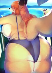 2018 age_difference anthro ass ball beach_ball big_breasts big_butt breasts canid canine closed_eyes clothed clothing curvy_figure digital_media_(artwork) dipstick_ears duo ear_markings female fox gesture hair huge_breasts huge_butt inflatable kakuteki11029 long_hair looking_at_viewer looking_back male mammal mature_anthro mature_female multicolored_ears older_female open_mouth orange_hair original rear_view red_eyes red_hair sand sea skimpy smile solo_focus thick_thighs voluptuous water waving younger_male