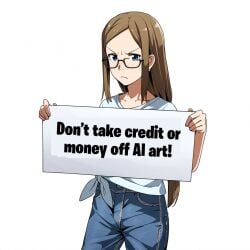 ai_generated angry_face blue_eyes brown_hair fair_skin freckles glasses holding_sign jeans novelai text