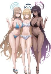 3girls asuna_(blue_archive) bikini black_bikini black_hair blonde_hair blue_archive blue_bikini blue_eyes breast_press breast_size_difference breasts chocolate_and_vanilla cleavage dark-skinned_female dark_skin female female_only hair_over_one_eye halo hinaki0102 huge_breasts karin_(blue_archive) light-skinned_female light_skin long_hair looking_at_viewer medium_breasts navel open_toe_shoes sandals thighs toki_(blue_archive) v v_sign very_long_hair white_background white_bikini yellow_eyes