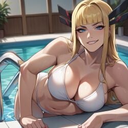 1girls ai_generated big_breasts bikini blonde_hair blue_eyes blush breasts cleavage female long_hair magik_(illyana_rasputin) marvel marvel_comics mutant_(marvel) rexmagi seductive seductive_smile smile solo swimming_pool swimsuit water x-men