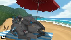 absurd_res anthro arta_shrike avian balls beach beach_background beach_towel beach_umbrella beak big_balls big_breasts big_penis bird blue_eyes bodily_fluids breasts canid canine canis digital_media_(artwork) duo erection eyewear feathers feet female female_penetrated fur genital_fluids genitals glasses hi_res huge_breasts humanoid_genitalia humanoid_penis jack_(psychoticwalrus) looking_at_another lying male male/female male_penetrating male_penetrating_female mammal nipples nude on_back open_mouth oscine outside parasol passerine pawpads paws penetration penile penis psychoticwalrus pussy sand seaside sex sex_on_the_beach shrike sky smile tail toes towel vaginal_fluids vaginal_penetration water wings wolf