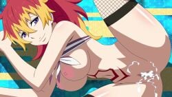 1boy 1girls ao_no_exorcist atelier_gons censored cock cum cum_in_pussy cum_inside female kirigakure_shura large_breasts male penis ponytail purple_eyes pussy red_hair sex sideways spread_legs tattoo tattoo_on_chest two_tone_hair yellow_hair