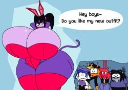 2026 2d 2d_(artwork) 2d_artwork 4boys arms_behind_head arms_up ass_bigger_than_head big_ass big_breasts big_butt blush breasts_bigger_than_head bunny_ears bunnysuit caitlyn_(gremlingrounded) cat_girl catgirl cleavage clothed clothing confused dialog dialogue female gremlingrounded ocs original original_characters ponytail purple_body red_clothing skimpy skimpy_clothes speech_bubble sweat thick_thighs thigh_highs thighhighs