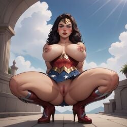2d ai_generated arm_guards black_hair blue_skirt blue_sky blush blushing boobs boots breasts corset darkmage1880 dc_comics exposed_breasts exposed_pussy female greek_architecture headband heel_boots heels high_heels large_breasts legwear light_skin massive_breasts muscular nipple_rings oiled_skin pussy red_boots red_corset red_legwear shiny_skin squatting tiara topless vagina white_skin wonder_woman wonder_woman_(series) wonder_woman_outfit