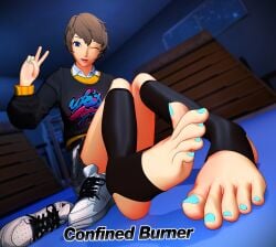 arai_motoha barefoot blue_eyes blue_nail_polish blue_nails brown_hair confinedburn feet motoha_arai persona persona_5 persona_5:_the_phantom_x