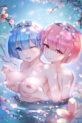 breasts_grabbed_from_behind ram_(re:zero) rem_(re:zero) springs water