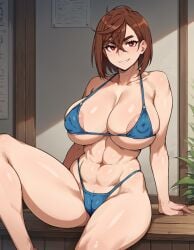 1girls ai_generated areolae ayase_momo bikini breasts brown_hair cameltoe covered_nipples dandadan goonedoutp3rv huge_breasts knee_up kunaboto_(style) looking_at_viewer navel nipples red_eyes short_hair sitting smirk solo