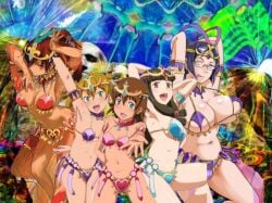 5girls amber_eyes amy_(suisei_no_gargantia) aqua_eyes bare_arms bare_legs bare_midriff bare_shoulders bare_thighs barefoot bellows_(suisei_no_gargantia) belly_button belly_dancer belly_dancer_outfit big_breasts bikini bikini_bottom bikini_top blonde_hair blue_bikini blue_bikini_bottom blue_bikini_top blue_bracelets blue_collar blue_eyes blue_gem blue_gemstone blue_head_gem blush bracelet brown_hair carnival cleavage collar dancer dancer_class dancer_girl dancer_girls dancer_outfit edited edited_image female gem gold_bracelets gold_headdress gold_headwear golden_bracelets golden_headwear green_bikini green_bikini_bottom green_bikini_top green_bracelet green_collar green_eyes harem harem_girl harem_outfit head_gem headdress headwear long_hair magenta_eyes medium_breasts melty_(suisei_no_gargantia) metal metal_collar midriff navel open_mouth orange_bikini orange_bikini_bottom orange_bikini_top photoshoot pink_bikini pink_bikini_bottom pink_bikini_top pink_bracelet pink_collar purple_bikini purple_bikini_bottom purple_bikini_top purple_hair red_gem red_gemstone red_hair red_head_gem ridget_(suisei_no_gargantia) saaya_(suisei_no_gargantia) short_hair small_boobs small_breasts suisei_no_gargantia thick_thighs tied_hair underboob