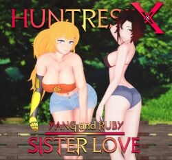 2girls arrancon black_hair black_hair_female blonde_female blonde_hair cleavage clothed_female cover_page half-siblings half-sisters pose posing purple_eyes red_highlights robotic_arm ruby_rose rwby short_shorts silver_eyes sisters yang_xiao_long