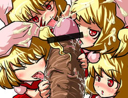 bar_censor blonde_hair blush censor_bar censored censored_penis clone clones closed_eyes collaborative_fellatio cum cum_on_hair dark-skinned_male dark_skin ejaculation facial fellatio female flandre_scarlet four_of_a_kind_(touhou) hakika handjob hat huge_cock interracial licking male multiple_fellatio multiple_females oral penis red_eyes saliva side_ponytail straight teamwork tongue touhou two-handed_handjob