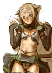 blonde_hair blue_eyes blush bondage branch_(artist) branch_(blackrabbits) crotch_rope female female_only final_fantasy final_fantasy_xi gloves mithra nipple_slip nipples solo tail tears