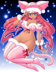 animal_ears breasts cat_ears cat_tail catgirl christmas cute dark_skin green_eyes hair kenix large_breasts original pussy red_hair straight_hair thighhighs uncensored