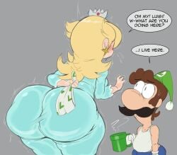 1boy 1girls arm_behind_back ass big_ass blonde_hair blue_dress blue_pants brown_hair clothing coffee_mug dat_ass dialogue dumptruck_ass dumptruck_butt enormous_ass facial_hair fat_ass female gigantic_ass green_hat green_mug hat huge_ass human large_ass looking_at_another luigi male mario_(series) massive_ass moustache nintendo princess princess_rosalina purple_yoshi_draws royalty standing tank_top text thick_ass thick_thighs underwear voluptuous voluptuous_female wide_hips