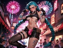 ai_generated arcane arcane_jinx blue_hair bulge bulge_through_clothing dancing dynamic_pose futa_bulge futa_only futanari jinx_(league_of_legends) purple_eyes street tattoos underboob