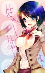 blue_eyes blue_hair blush bow breasts censored cum cum_on_body cum_on_breasts cum_on_upper_body facial large_breasts maria_holic miyamae_kanako nipples open_clothes open_shirt papipu penis school_uniform shirt tears