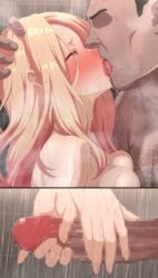 1boy blonde_hair blush censored commentary_request completely_nude eruu_(eruuman) female french_kiss from_side gakuen_idolmaster hairy handjob highres idolmaster juo_sena kissing long_hair mosaic_censoring nude penis pubic_hair showering straight wavy_hair wet