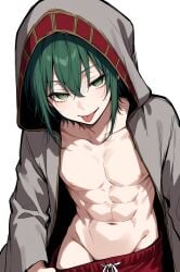 1boy :p abs ai_generated cape clothes_pull comfyui echidna_(maha_no_hanashi) genderswap_(ftm) green_eyes green_hair groin hair_between_eyes hood hood_up hooded_cape illustrious_(stable_diffusion) looking_at_viewer maha_no_hanashi male male_focus male_only male_swimwear male_swimwear_pull masa_works_design milua naughty_face navel nipples red_male_swimwear red_swim_trunks rule_63 self_upload short_hair sidelocks simple_background solo solo_male swim_trunks toned toned_male tongue tongue_out topless_male white_background