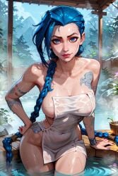 1girls ai_generated arcane blue_eyes blue_hair braid braided_twintails jinx_(league_of_legends) league_of_legends light-skinned_female light_skin looking_at_viewer medium_breasts naughtygirlsai skinny