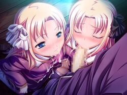 2girls blonde_hair blue_eyes blush censored collaborative_fellatio cooperative_fellatio cum cum_on_clothes facial fellatio game_cg hair_ribbon hair_ribbons hikage_eiji kamioka_rio kamioka_shiho kneeling liquid liquid_(company) multiple_fellatio multiple_girls oral penis ribbon ribbons saint_dorei_onna_kyoushi school_uniform sei_dorei_gakuen siblings smile teamwork twins