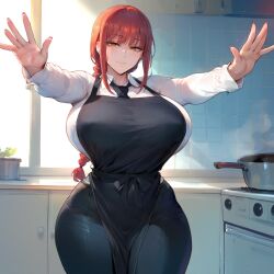 1girls ai_generated apron bangs black_neckwear blush braid braided_ponytail breasts chainsaw_man collared_shirt depressu dress_shirt housewife huge_breasts long_hair long_sleeves looking_at_viewer makima_(chainsaw_man) mature_female naughty_face necktie office_lady pants red_hair shirt single_braid smile solo thick_thighs thighs white_shirt wide_hips