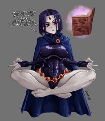 big_breasts big_tiddy_goth_gf black_hair bored goth goth_girl grey_skin latex_suit necronomicon pale_skin purple_eyes purple_hair rachel_roth raven_(dc) skin_tight_suit spell teen_titans text witch