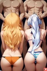 2girls2boys ai_generated bikini blonde_hair blowjob bodybuilder hair_ornament hand_on_head long_hair muscular_male omega_weirdo patreon ponytail rwby rwby_ice_queendom turning_away viewed_from_behind weiss_schnee white_hair yang_xiao_long