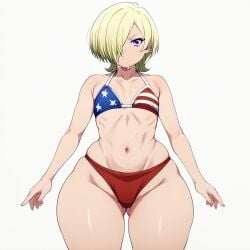 1girls ai_generated american_flag_bikini ass ass_visible_from_the_front ass_visible_through_thighs big_ass bikini blonde_hair bubble_butt female flat_chest huge_ass love_live! love_live!_nijigasaki_high_school_idol_club mia_taylor purple_eyes sweat thick_thighs wide_hips