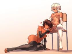 1futa 1girls animal_ears chair dark-skinned_female dark_skin drooling elbow_gloves female futa_on_female futanari gloves human imminent_oral intersex js4935 tan tan-skinned_futa thighhighs