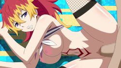 1boy 1girls ao_no_exorcist atelier_gons censored cock female kirigakure_shura large_breasts male penis ponytail purple_eyes pussy red_hair sex sideways spread_legs tattoo tattoo_on_chest two_tone_hair yellow_hair