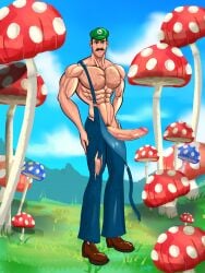 1boy abs big_penis blue_eyes blue_overalls blue_sky blueboybara clothing clouds erection facial_hair grass green_hat hat huge_cock human human_only large_penis light-skinned_male light_skin looking_at_viewer luigi male male_nipples male_only mario_(series) masculine mature_male moustache muscular muscular_male mushroom nintendo nipples outdoors penis pubic_hair ripped_clothing shoes solo solo_male