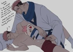 cum_on_belly incest itadori_yuuji jerkingoff jujutsu_kaisen penis_out ryoumen_sukuna_(jujutsu_kaisen) sleeping underwear yaoi