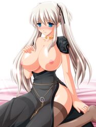 blue_eyes blush breasts breasts_out dress highres jewelry kafu large_breasts long_hair mabinogi nao no_bra no_panties pointy_chin ring thighhighs tied_hair translucent_clothing twintails white_hair