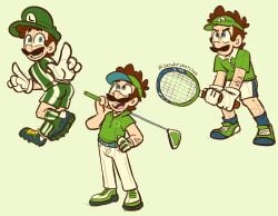 1boy arm_hair blue_eyes brown_hair cleats facial_hair gloves golf_club green_hat green_shirt hat highres holding holding_golf_club holding_tennis_racket leg_hair looking_at_viewer looking_up luigi mario_golf mario_strikers_(series) mario_tennis moustache nintendo open_mouth pants racket sarah_sketches shirt shoes short_sleeves shorts smile sneakers soccer_uniform sportswear tennis_racket