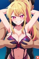 1girl1boy ai_generated arms_behind_head big_breasts blonde_hair corruption evil_grin evil_smile grabbing_breasts grabbing_from_behind half_naked hoshino_ruby lingerie looking_at_viewer omega_weirdo oshi_no_ko patreon pink_eyes ponytail star_eyes