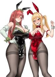 2girls blonde_hair breasts bunny bunny_ears erection erza_scarlet fairy_tail female female_pervert futanari hair_ornament large_breasts lucy_heartfilia pantyhose penis pervert red_hair sex_invitation sexually_suggestive smile testicles