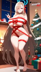 ai_generated asuna_(blue_archive) asuna_(bunny)_(blue_archive) asuna_(bunny_girl)_(blue_archive) bare_shoulders black_choker blonde_female blonde_hair blue_archive blue_eyes boosterred99 bow choker christmas christmas_clothing christmas_outfit christmas_tree feet full_body halo large_breasts legs long_hair naked naked_female pony_diffusion_xl red_body red_bow red_ribbon red_ribbons ribbon ribboned_body santa_costume seductive_look seductive_smile standing strapless thighs voluptuous