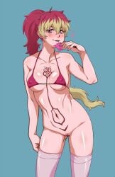 1girls ao_no_exorcist condom female kirigakure_shura large_breasts nude ponytail purple_eyes pussy red_hair solo tattoo tattoo_on_chest two_tone_hair yellow_hair