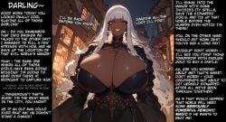 1girls ai_generated black_dress blunt_bangs caption cleavage dark-skinned_female english_text fantasy huge_breasts jewelry long_hair looking_at_viewer netorare red_eyes self_upload skindentation smiling story talking_to_viewer white_hair