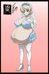 belly big_breasts bloated_belly blonde_hair breasts darjeeling fungus-man girls_und_panzer gloves green_eyes high_heels hyper_belly pink_background pregnant pregnant_female rose stockings visible_nipples wedding_dress wedding_veil