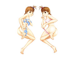 barefoot bra female futami_ami futami_mami hair_bobbles hair_ornament highres idolmaster neokir panties panties_around_leg panties_around_one_leg siblings sisters twins underwear undressing