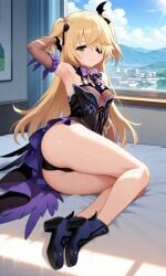 ai_generated ass ass_focus bangs blonde_hair eye_patch fischl_(genshin_impact) fully_clothed genshin_impact hand_behind_head hoyoverse lay-oreo looking_at_viewer looking_back nude_female small_breasts smiling_at_viewer solo tagme