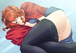 ass censored covering covering_face covering_mouth endure_to_moan hand_over_own_mouth highres long_hair lying masturbation on_side orange_hair pantyhose pantyhose_pull ponytail pussy_juice red_eyes red_hair solo takasugi_rinko tied_hair